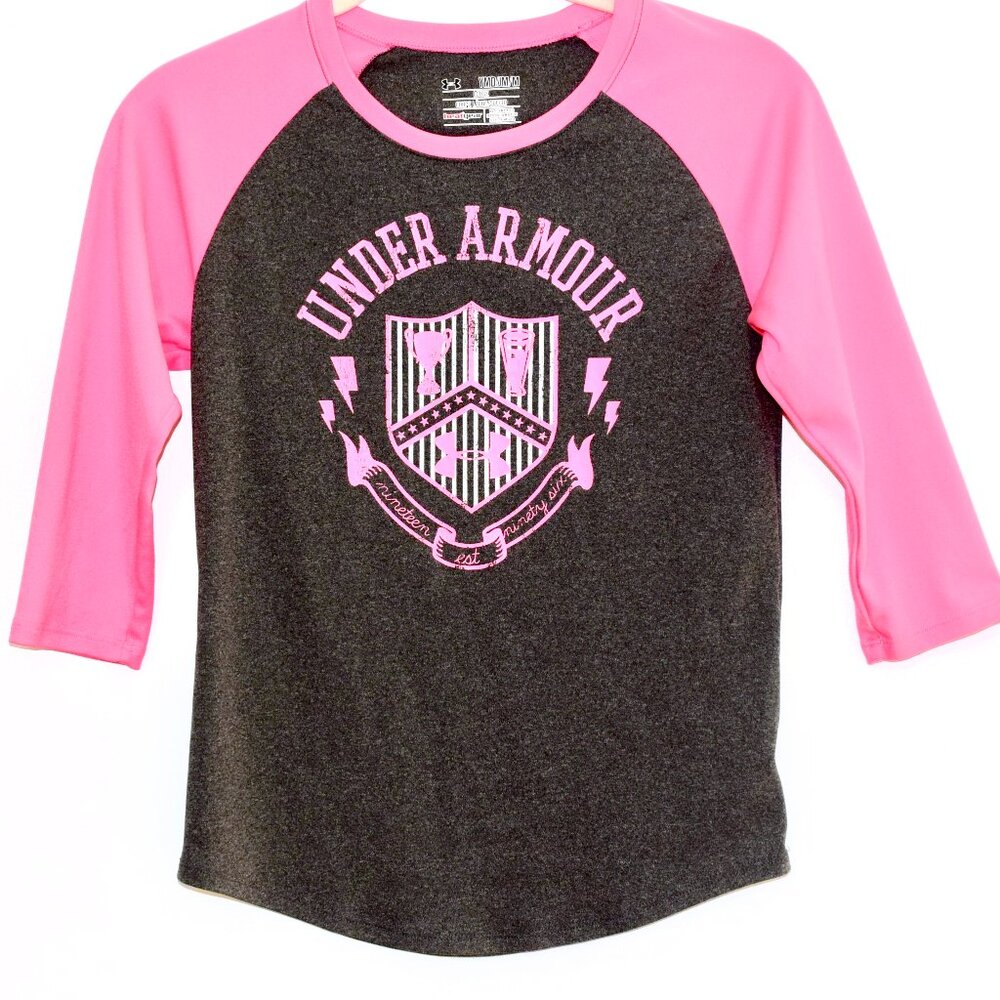 Under Armour Heat Gear Pink and Gray 3/4 Sleeve Baseball T-Shirt - Medium